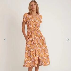 Marine Layer Annika Midi Shirt Dress Sundress in Amber Brown Wallpaper Floral